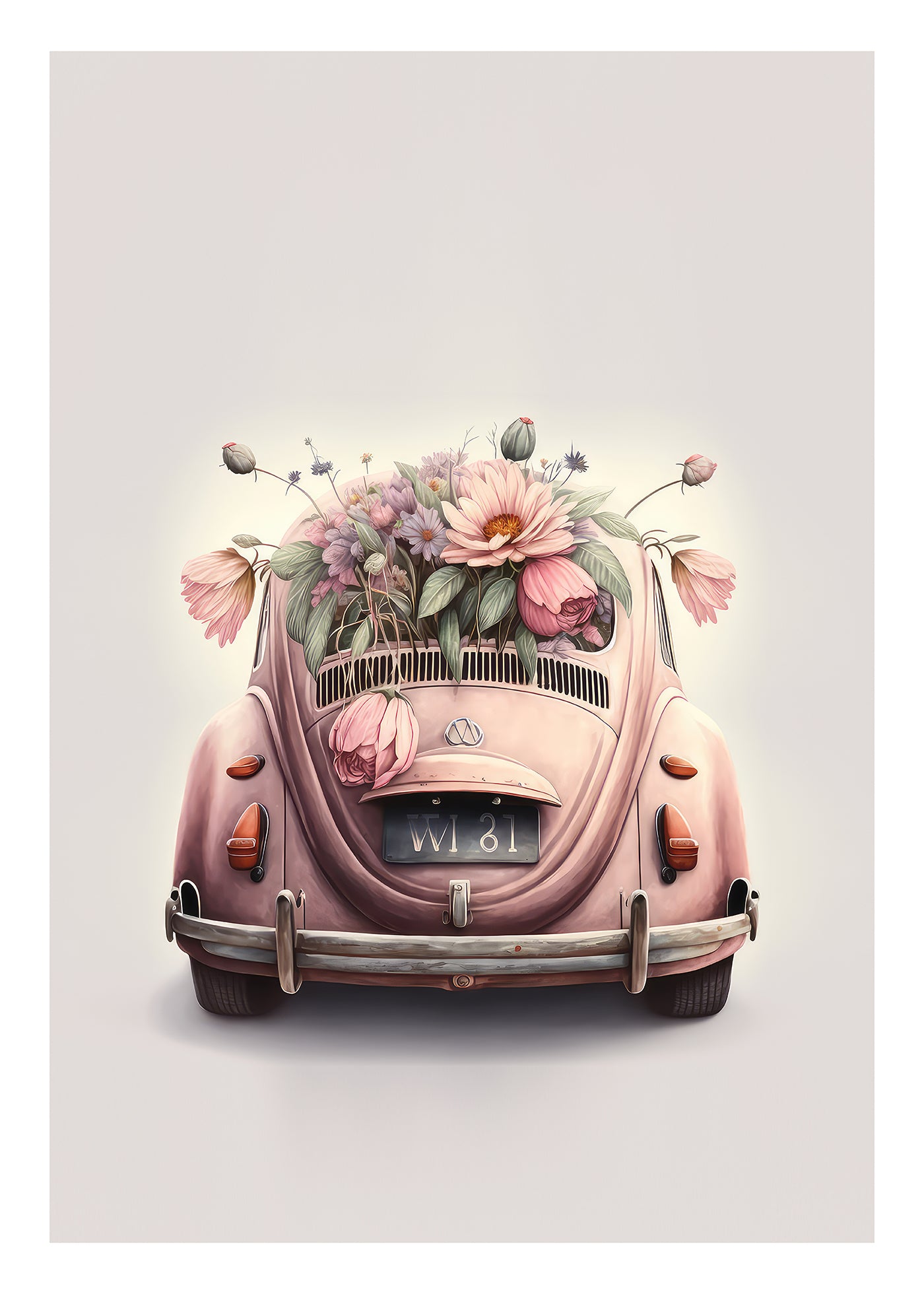 Винтидж розов VW Beetle Art Print