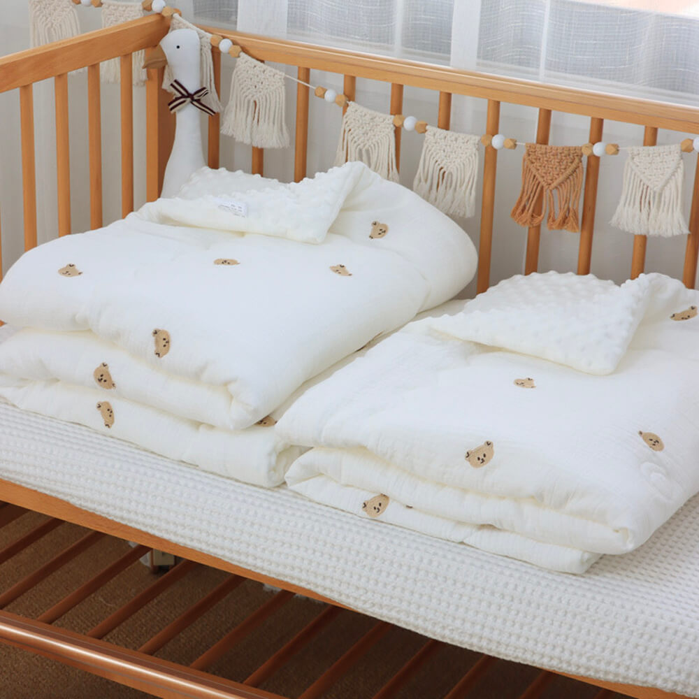 Muslin Cotton Embroidered Bertie Bear Crib Duvet - Reversible
