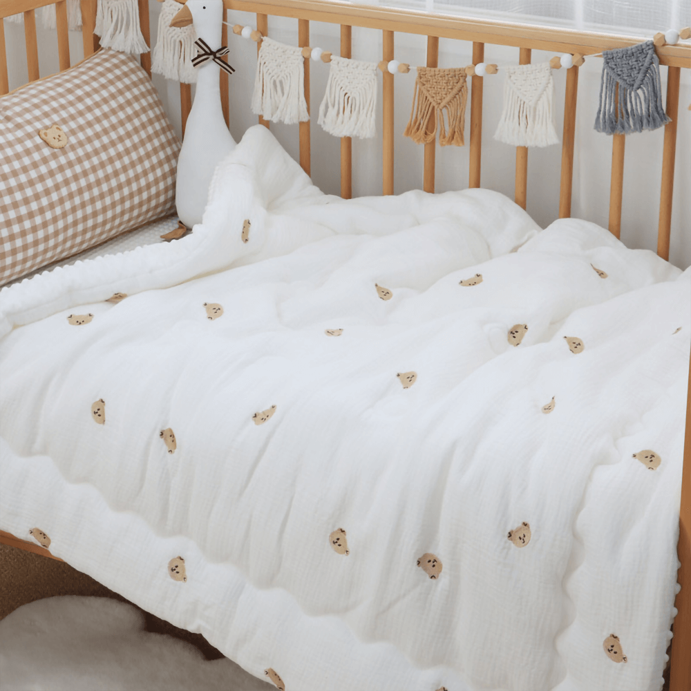 Muslin Cotton Embroidered Bertie Bear Crib Duvet - Reversible