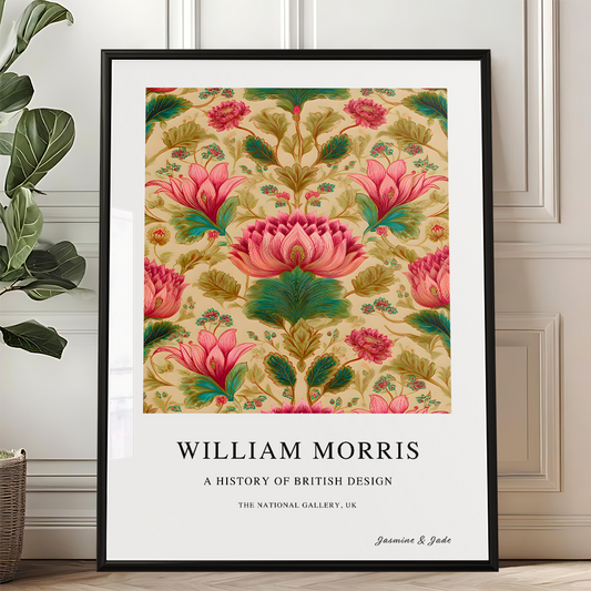 Inspirado en William Morris, firmado - Estampa de pájaro rosa