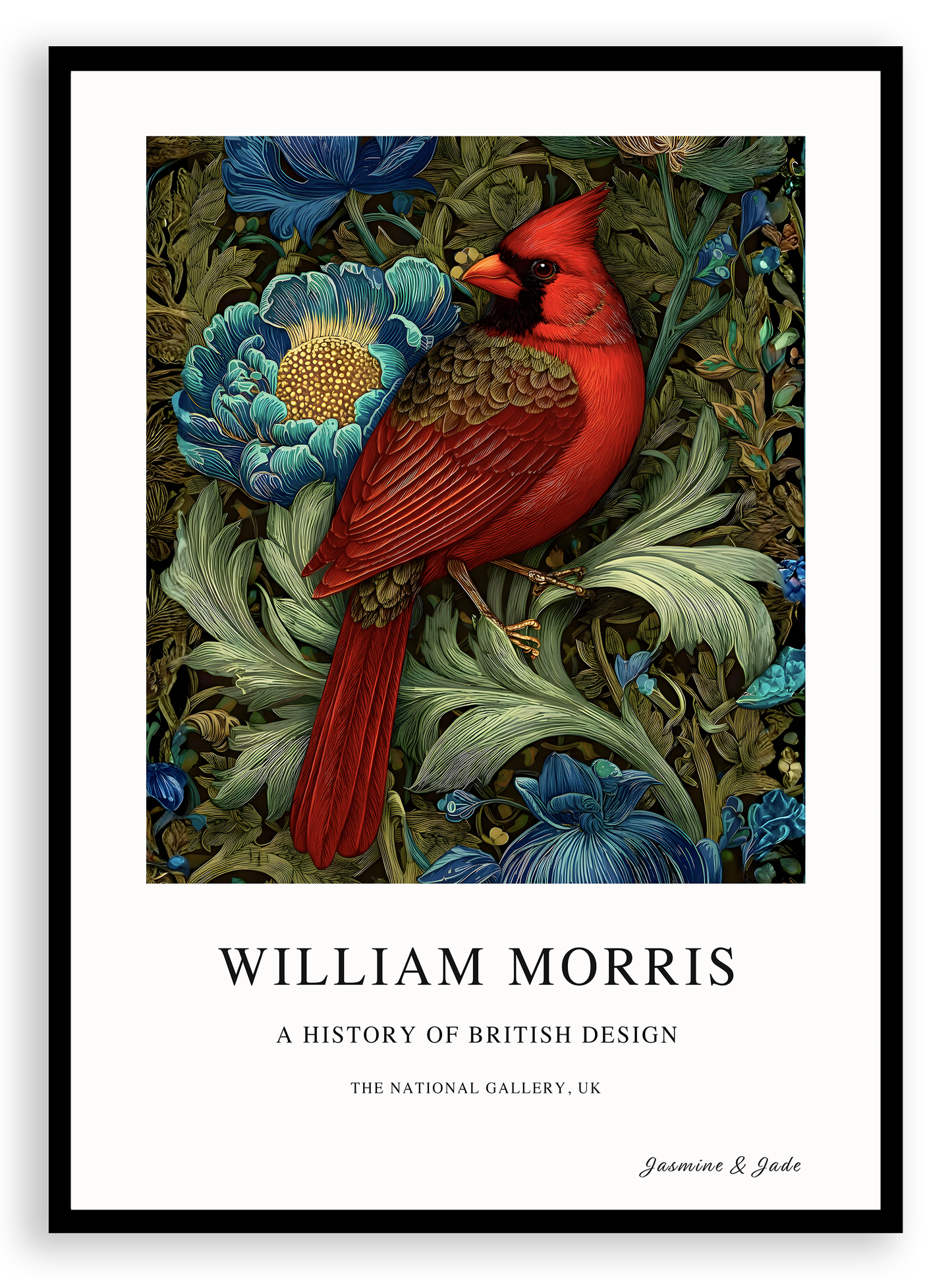 Inspirado en William Morris, firmado - Estampado de cardenal rojo