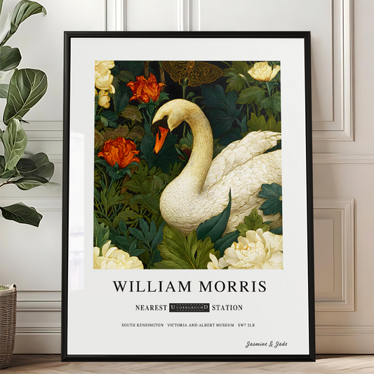 Inspirado en William Morris, firmado - Estampa de Cisne Blanco