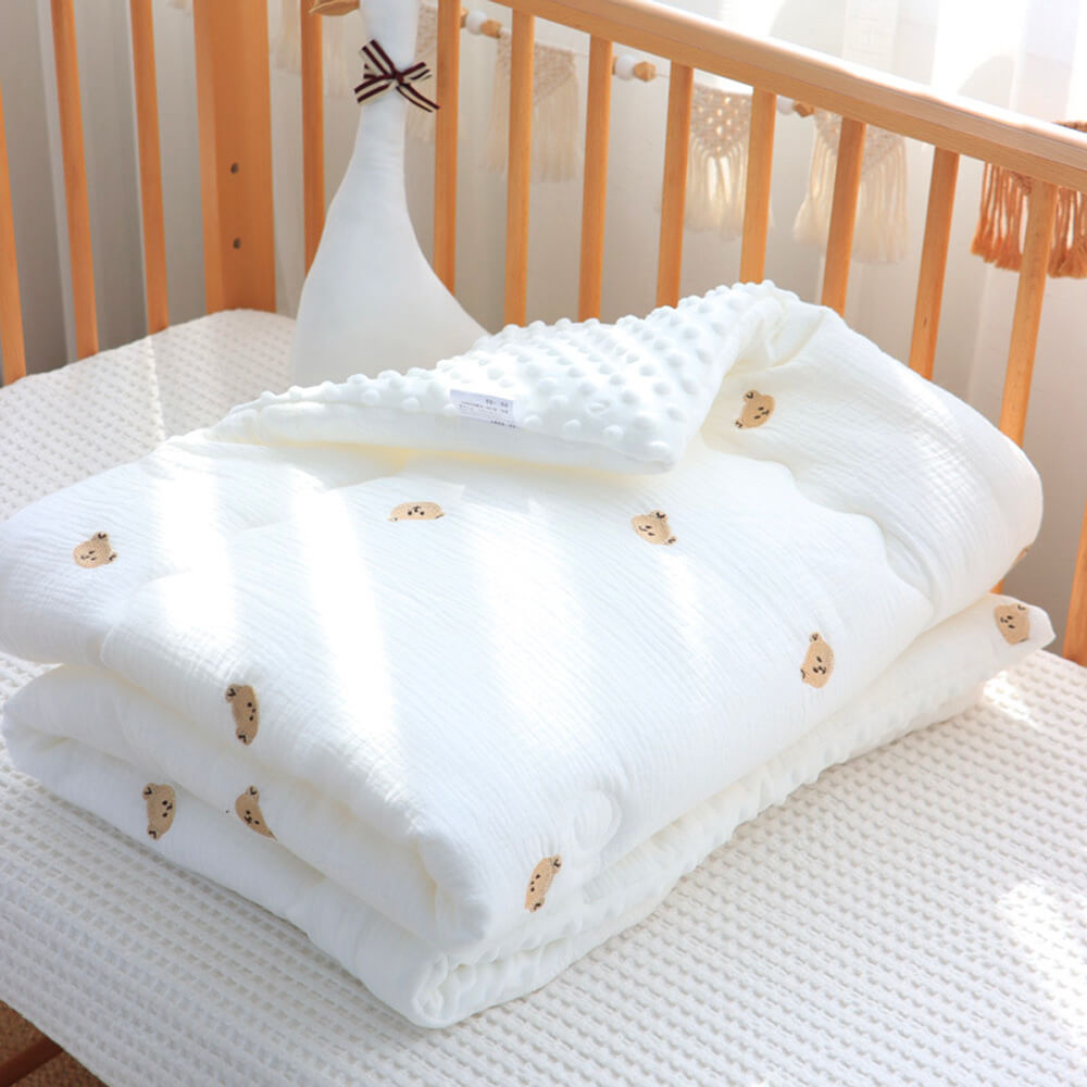 Muslin Cotton Embroidered Bertie Bear Crib Duvet - Reversible