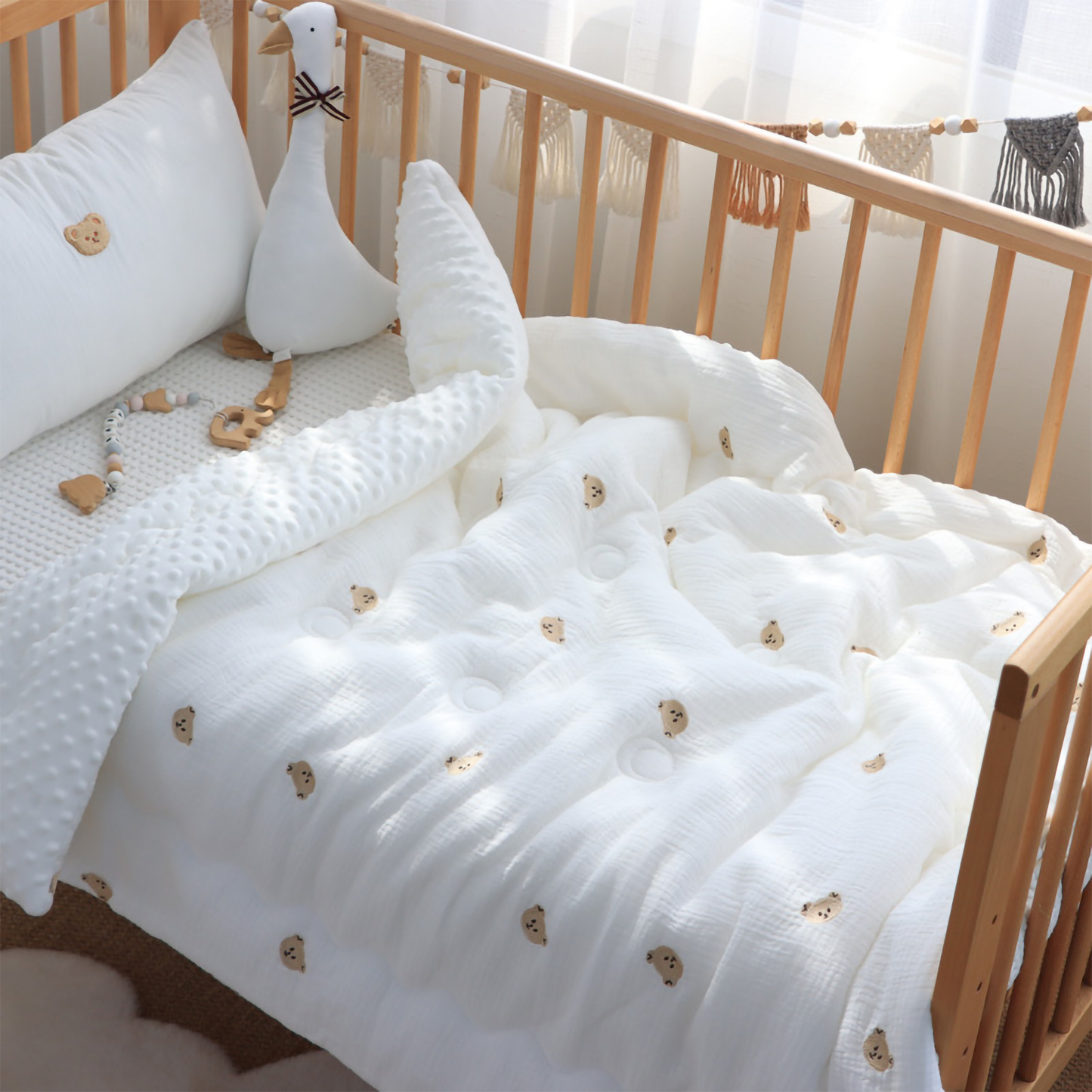 Muslin Cotton Embroidered Bertie Bear Crib Duvet - Reversible