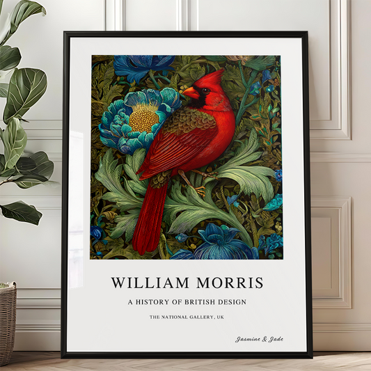 Inspirado en William Morris, firmado - Estampado de cardenal rojo