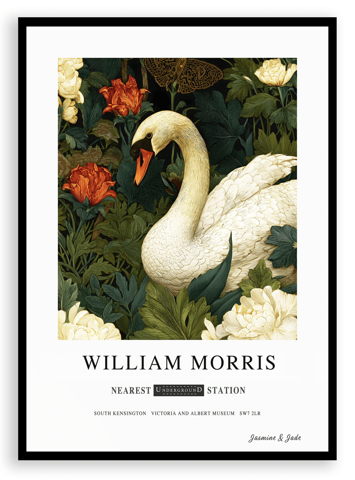 Inspirado en William Morris, firmado - Estampa de Cisne Blanco
