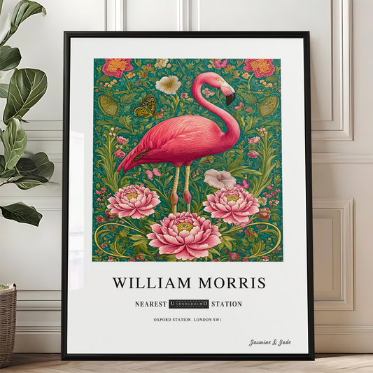 Inspirado en William Morris, firmado - Estampa de pájaro rosa