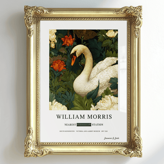 Inspirado en William Morris, firmado - Estampa de Cisne Blanco