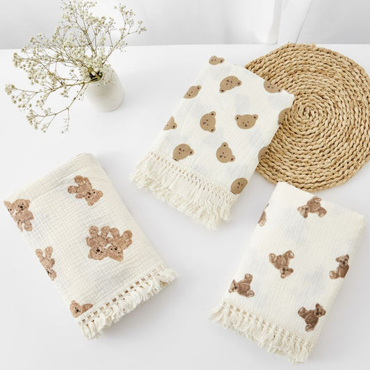 Organic Bertie Bear Baby Muslin Tasselled Blanket - 3 Styles