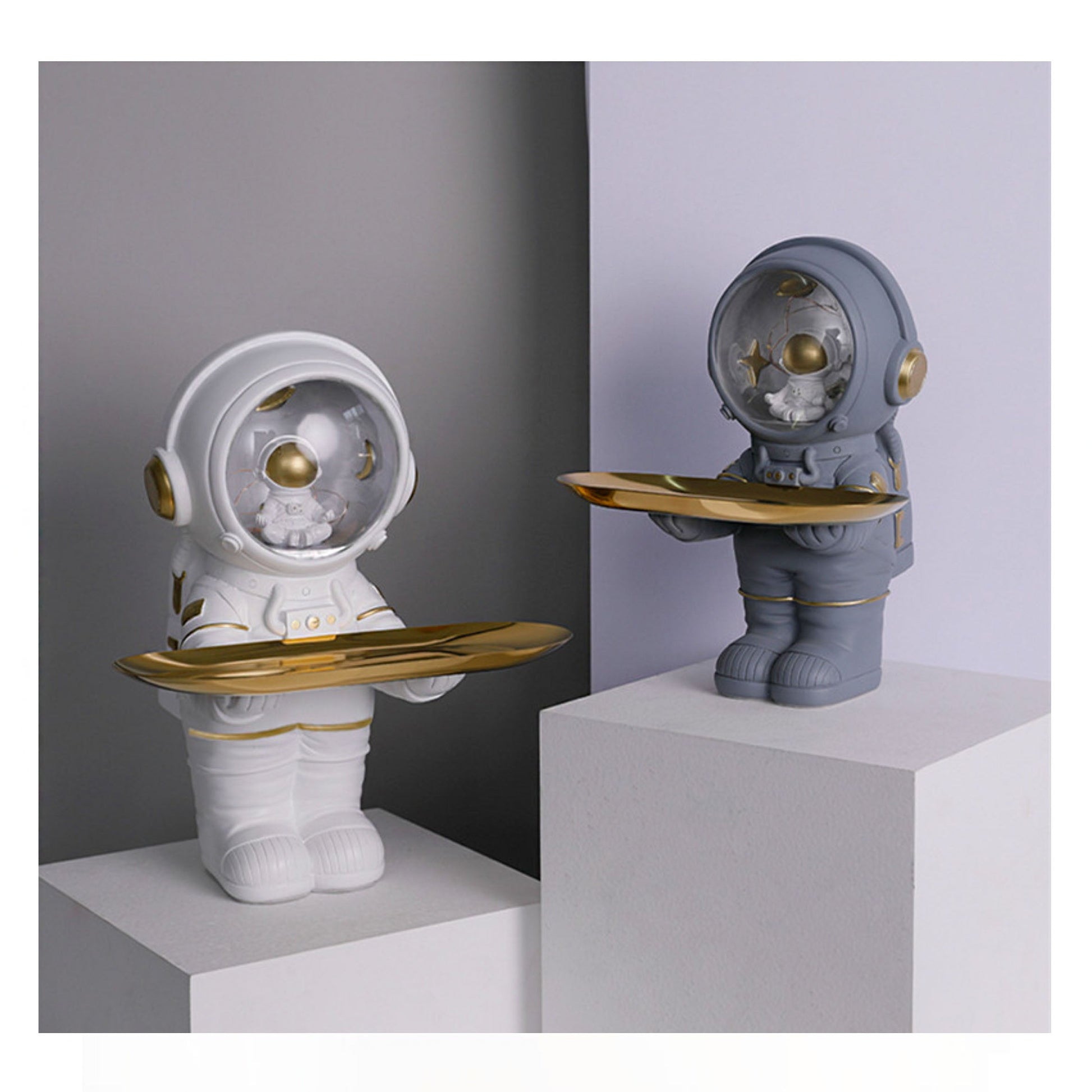 Kids white or grey astronaut, spaceman lamp with gold tray