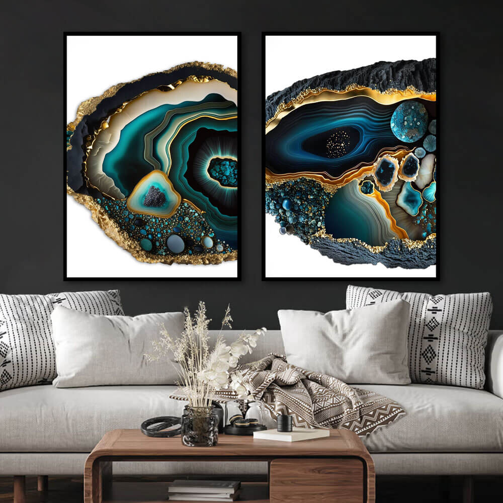 Impressão artística de geodo Aqua e dourado