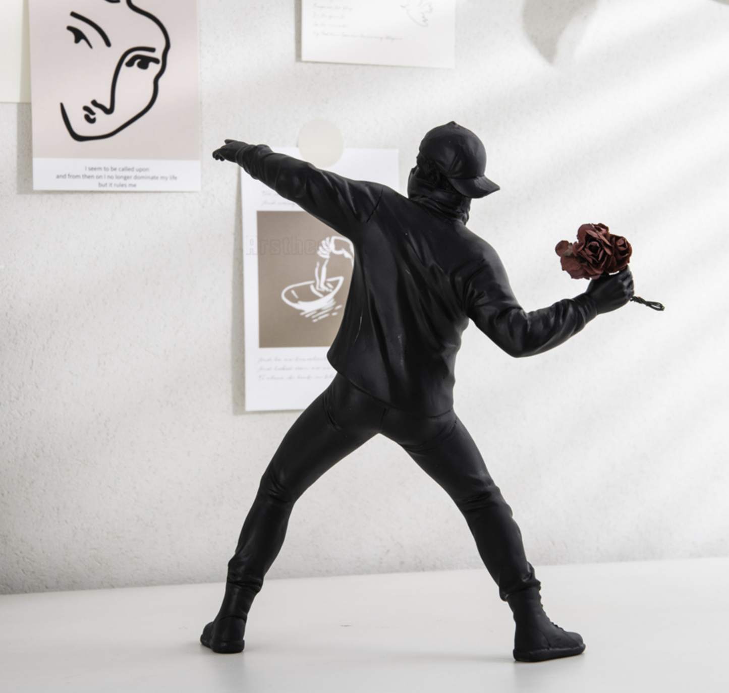 Artist Banksy flower thrower sculpture figurine in black, white or gold