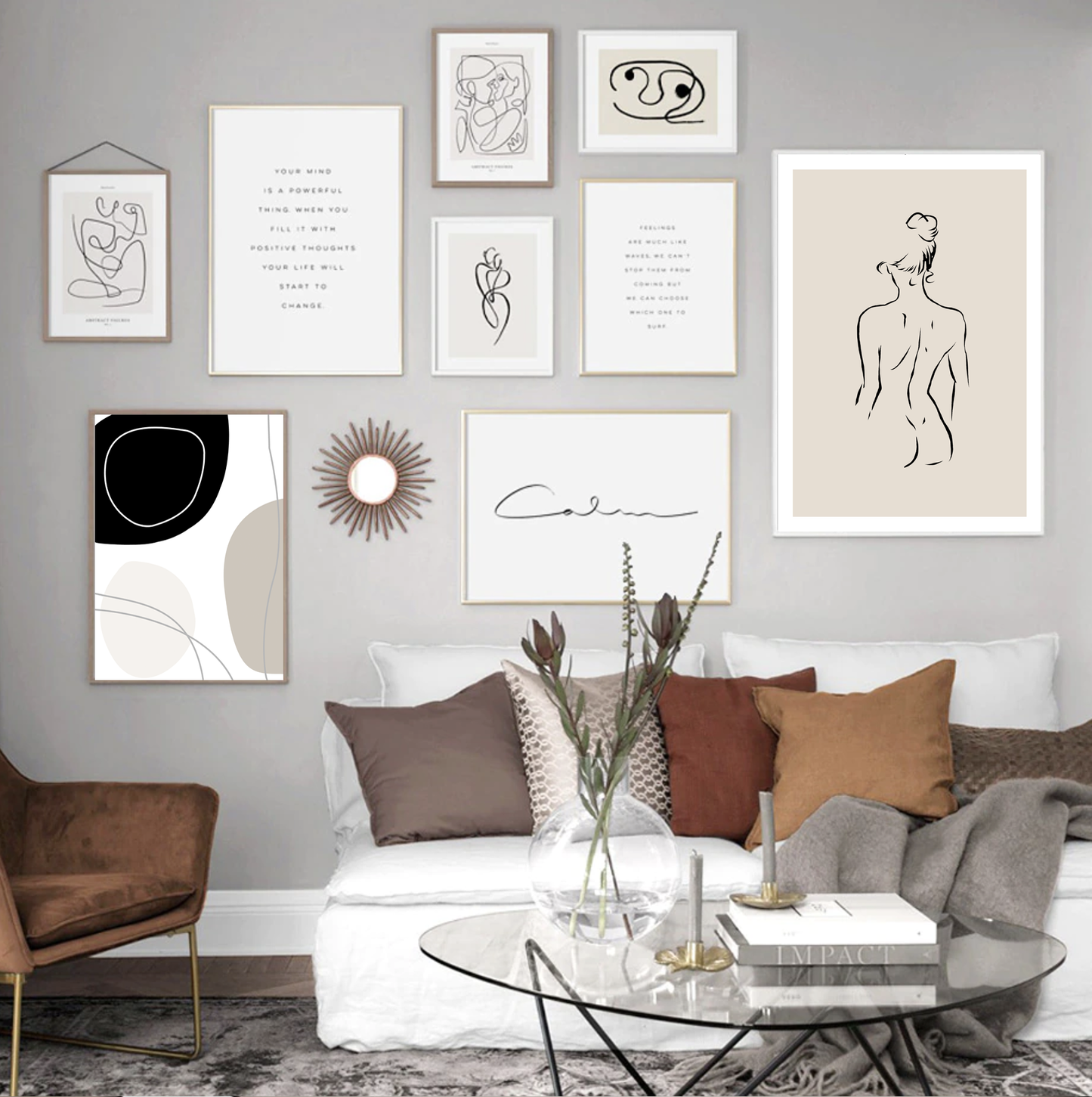 Boho beige abstract line art poster