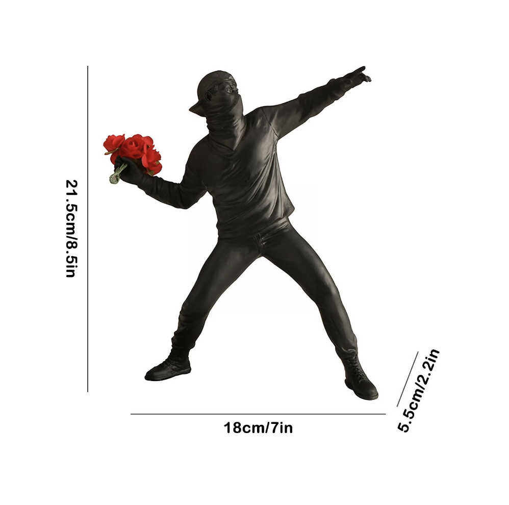 Artist Banksy flower thrower sculpture figurine in black, white or gold