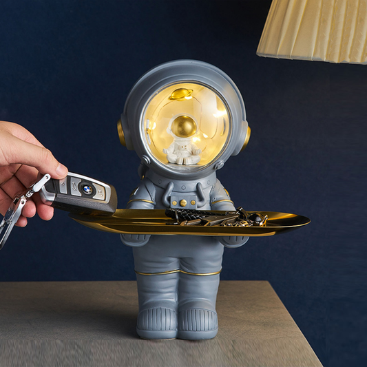 Kids white or grey astronaut, spaceman lamp with gold tray