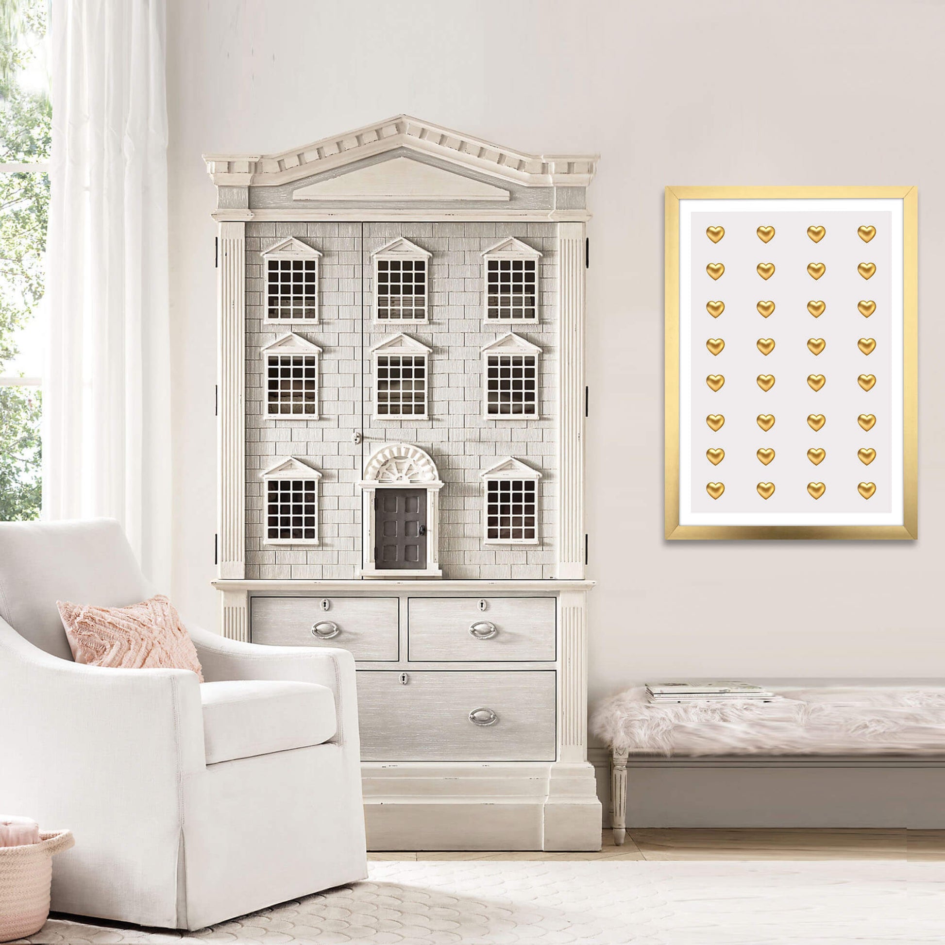 Girls Gold metal wall art heart poster in pink bedroom