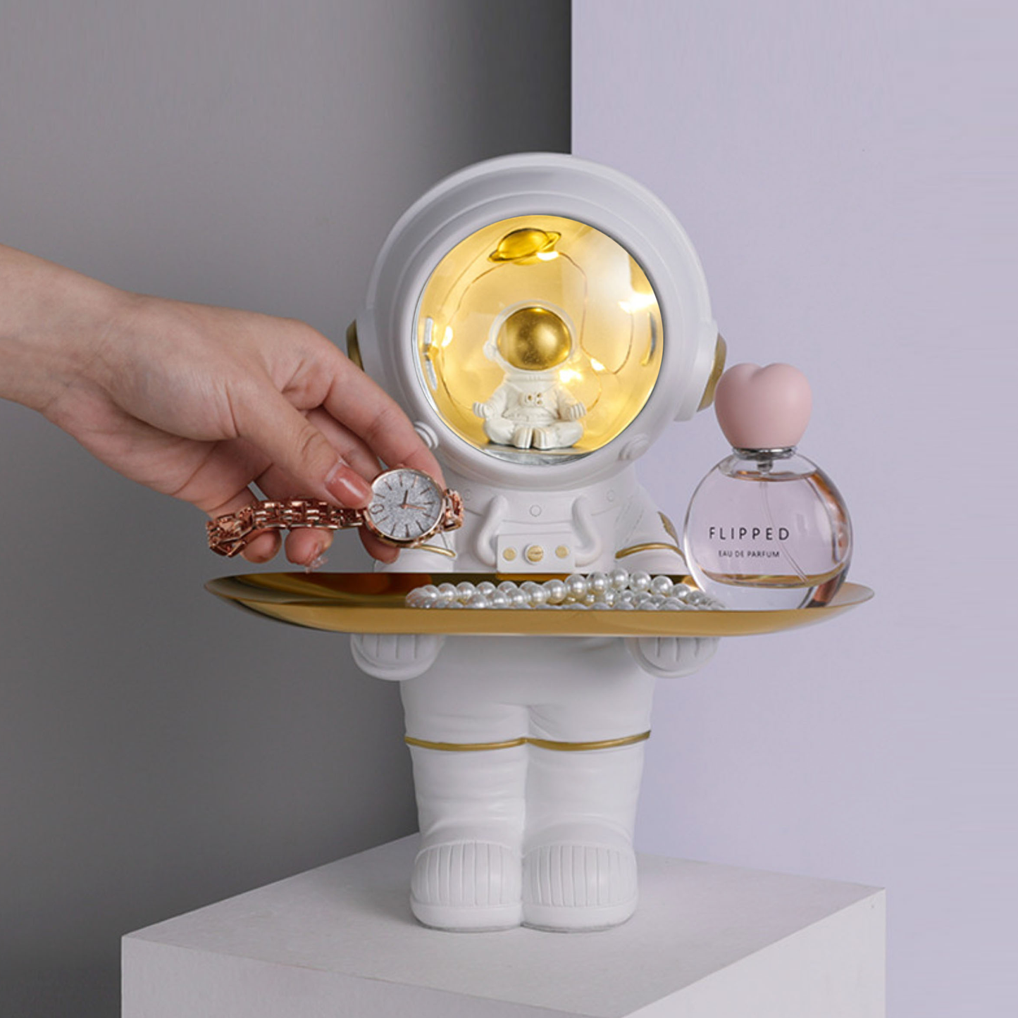 Kids white or grey astronaut, spaceman lamp with gold tray