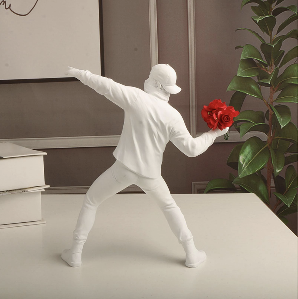 Artist Banksy flower thrower sculpture figurine in black, white or gold