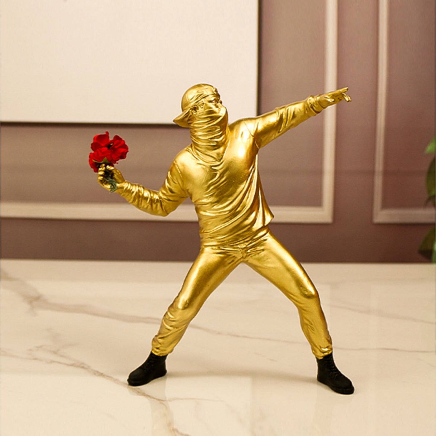 Artist Banksy flower thrower sculpture figurine in black, white or gold