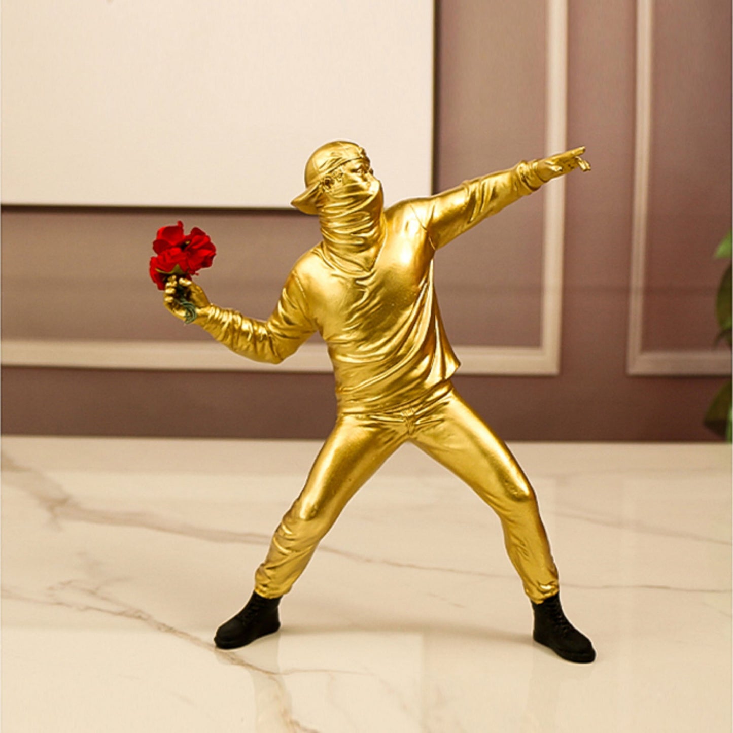 Artist Banksy flower thrower sculpture figurine in black, white or gold