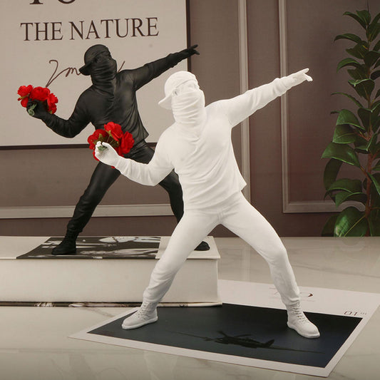 Artist Banksy flower thrower sculpture figurine in black or white