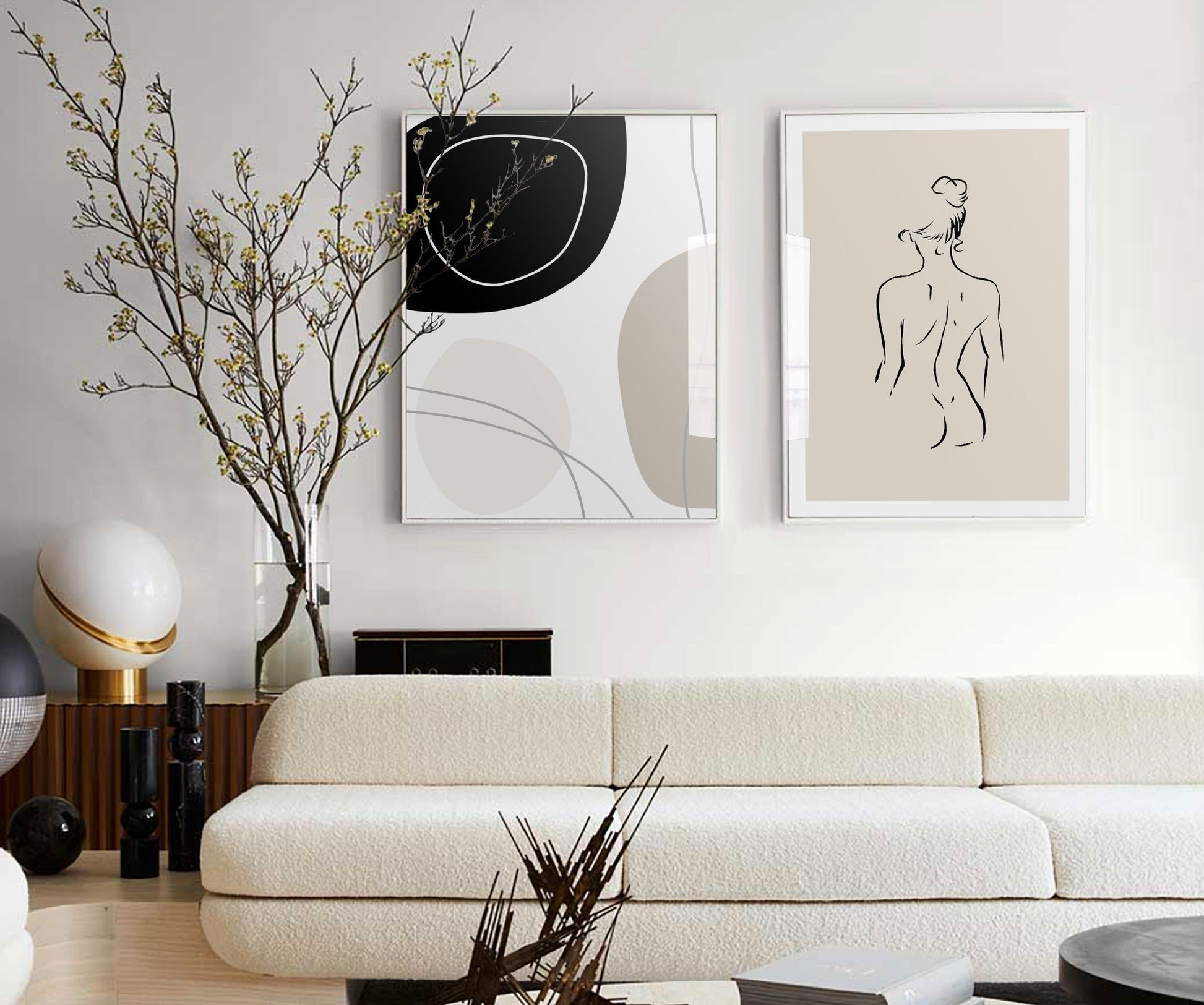 Boho beige abstract line art poster for living room