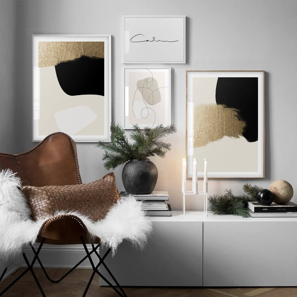 Abstract Gold , beige and black modern art print, wall art poste