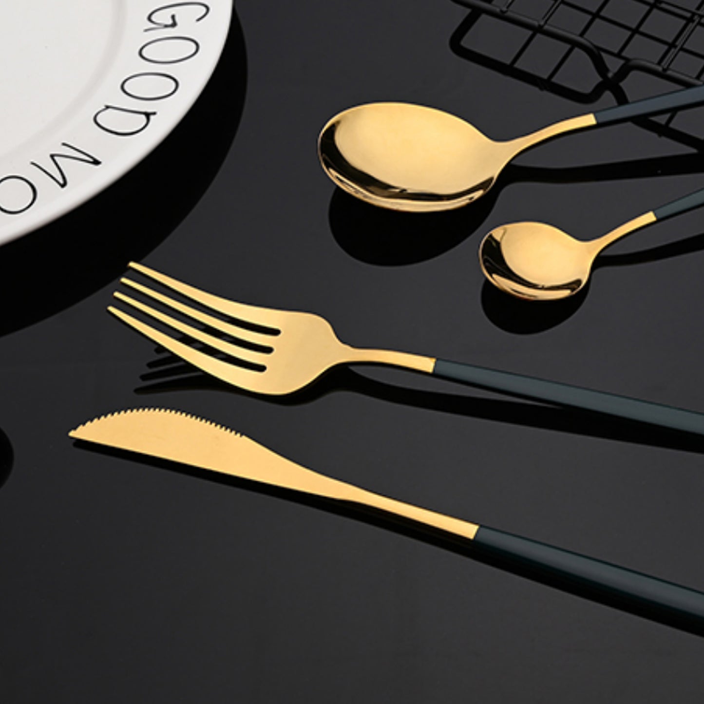 Luxury Black & Gold Mirror Dinnerware Set - 24PCS