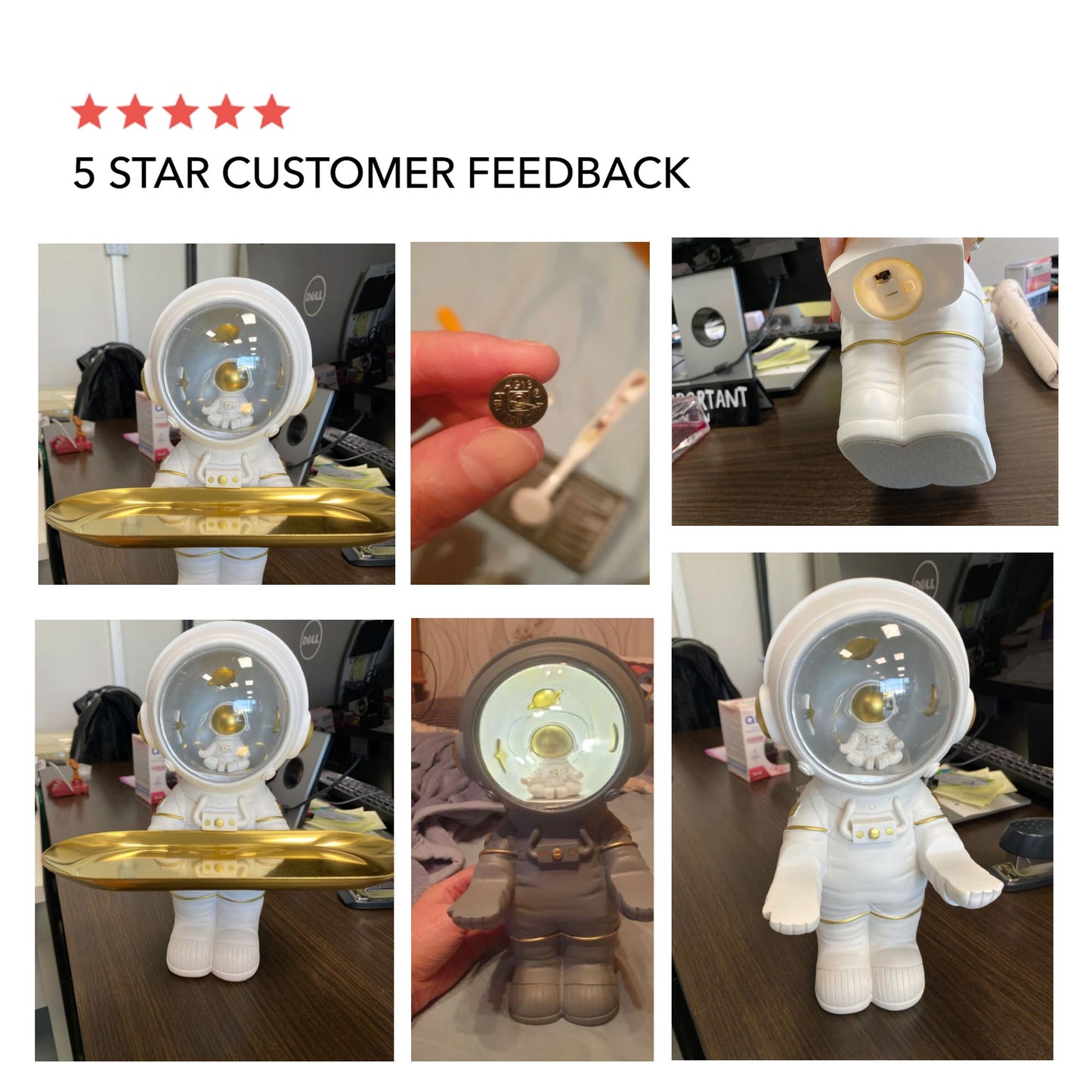 Kids white or grey astronaut, spaceman lamp with gold tray