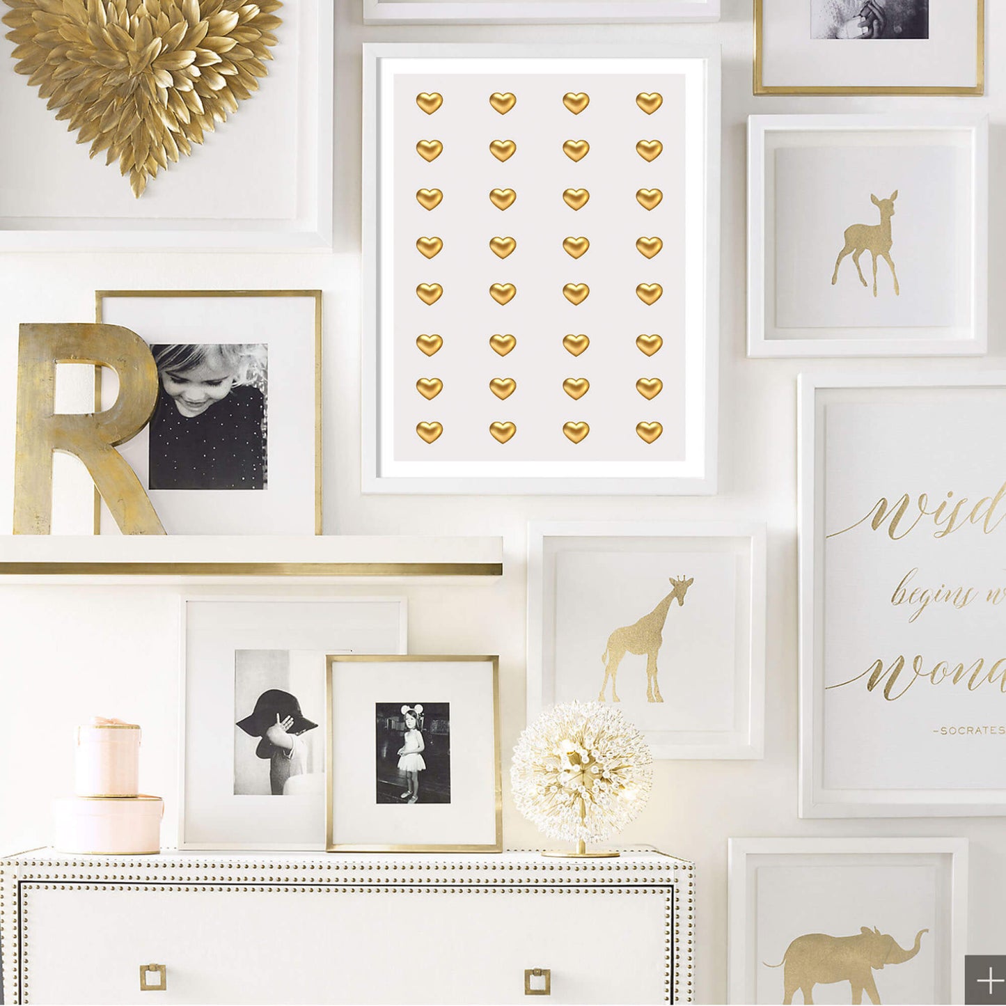 Girls Gold metal wall art heart poster in white bedroom