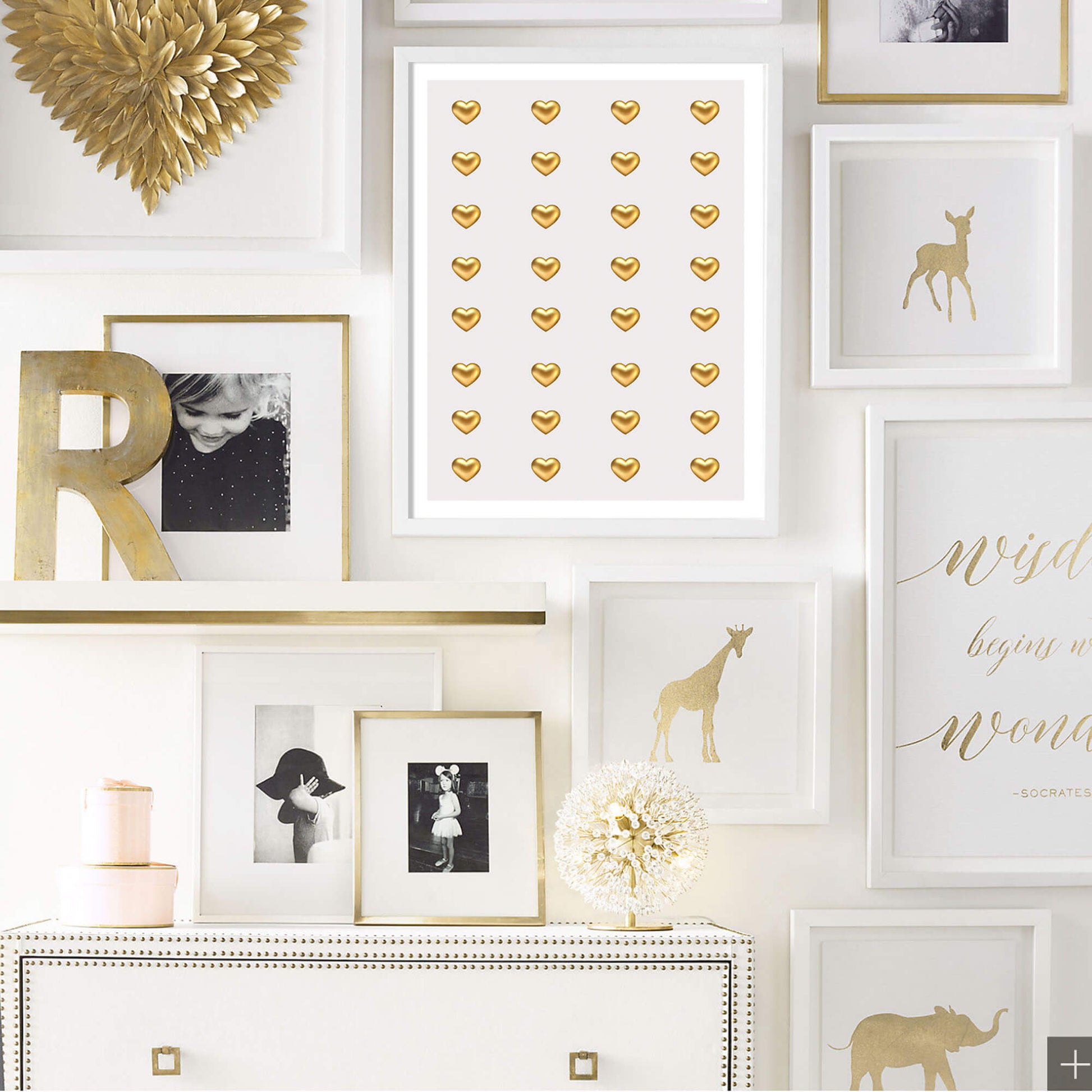 Girls Gold metal wall art heart poster in white bedroom