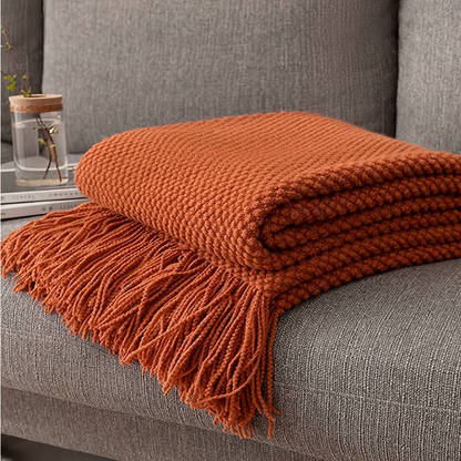 Rust Knitted Throw Blanket with Tassels