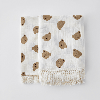 Organic Bertie Bear Baby Muslin Tasselled Blanket - 3 Styles