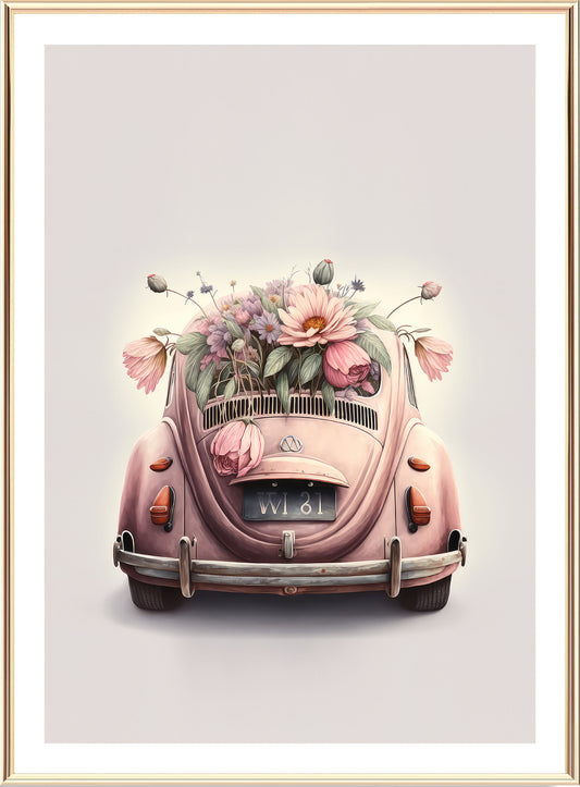 Vintage Pink VW Beetle Art Print