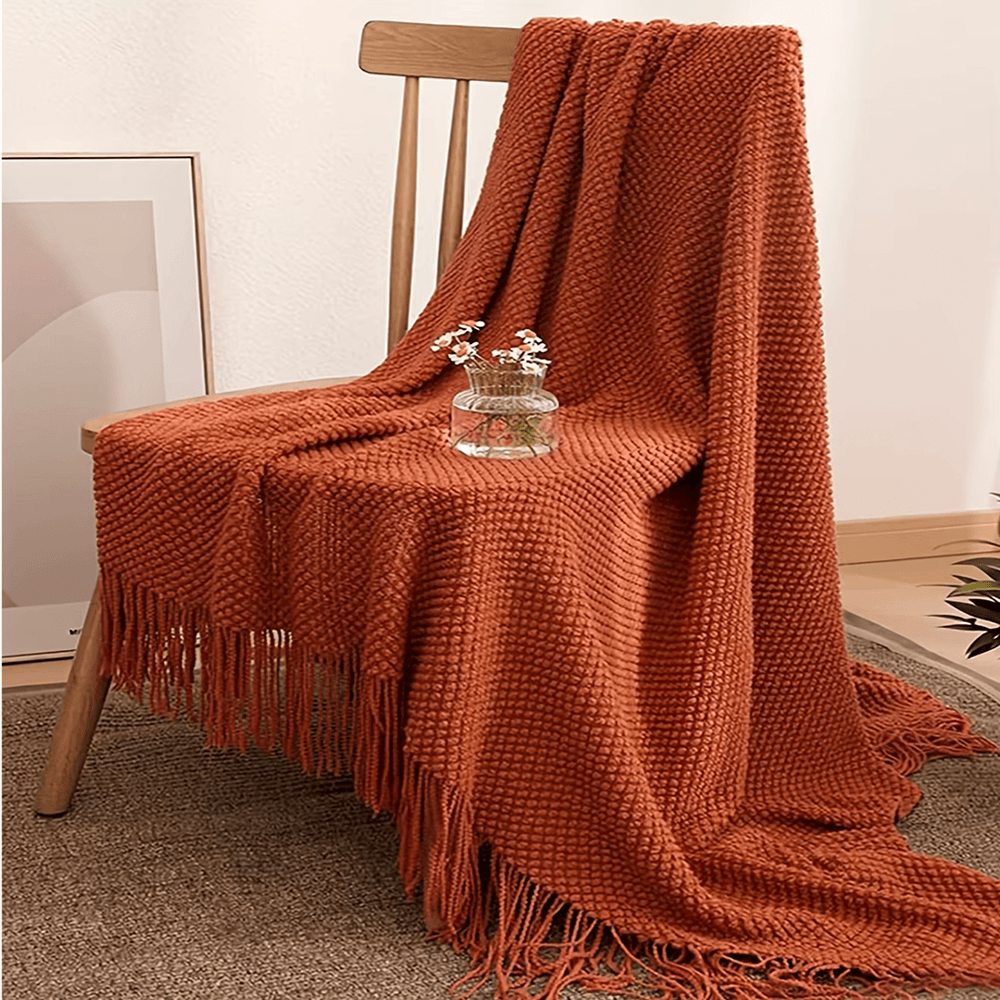Rust Knitted Throw Blanket with Tassels
