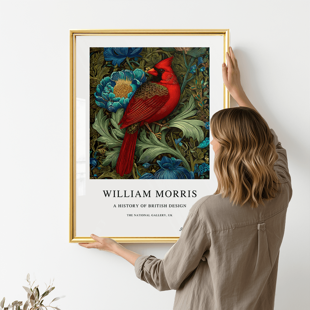 Inspirado en William Morris, firmado - Estampado de cardenal rojo