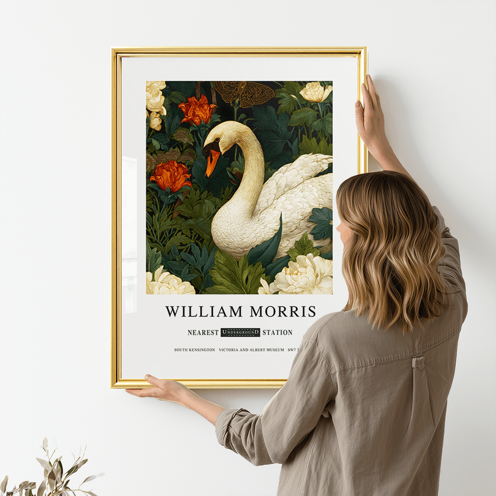 Inspirado en William Morris, firmado - Estampa de Cisne Blanco