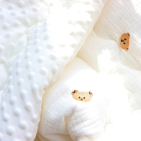 Muslin Cotton Embroidered Bertie Bear Crib Duvet - Reversible