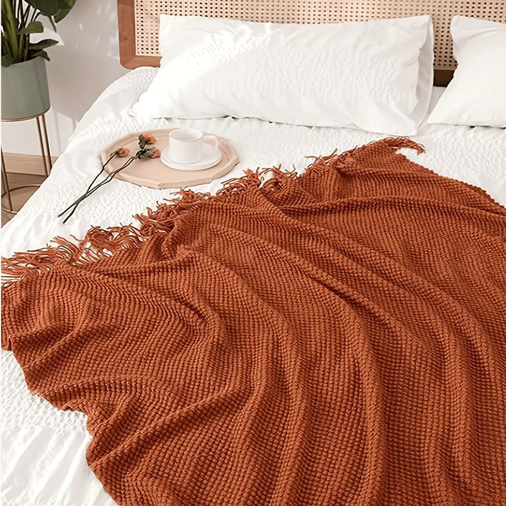 Rust Knitted Throw Blanket with Tassels