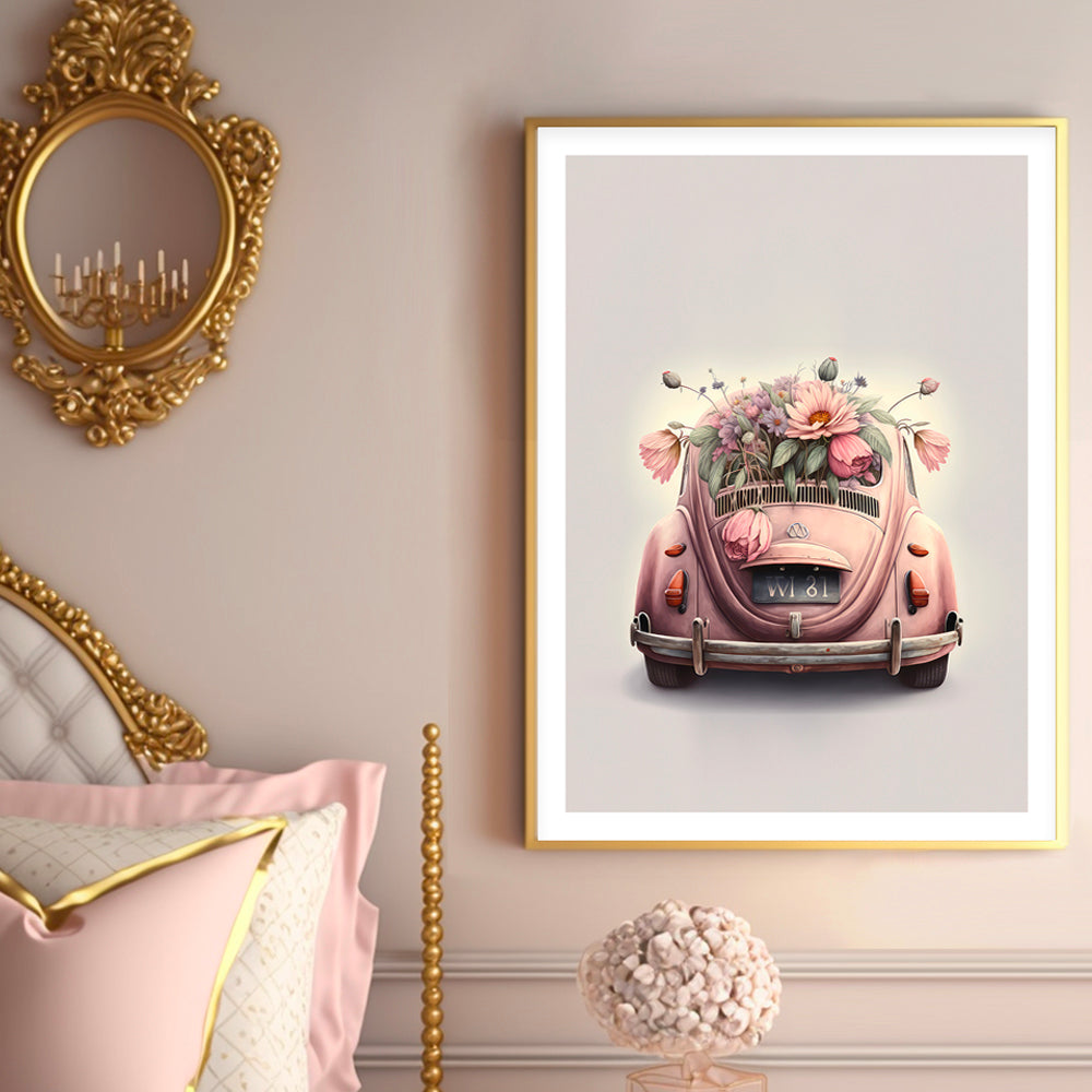 Vintage Pink VW Beetle Art Print