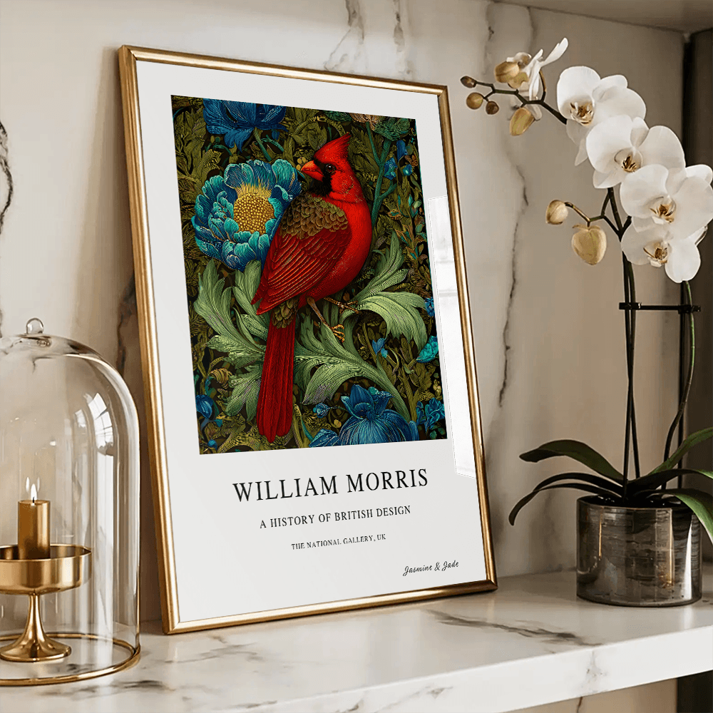 Inspirado en William Morris, firmado - Estampado de cardenal rojo