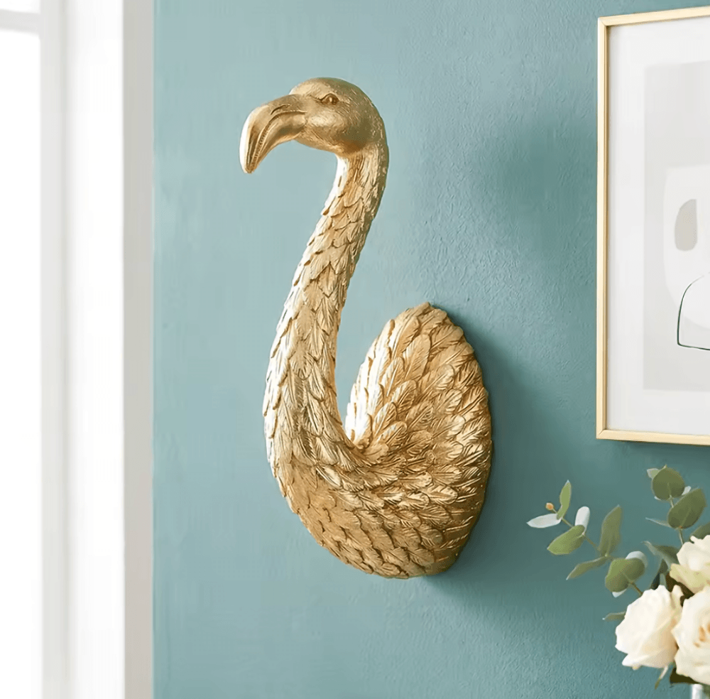 Gëllene Flamingo grousse Wandhaken-Skulptur