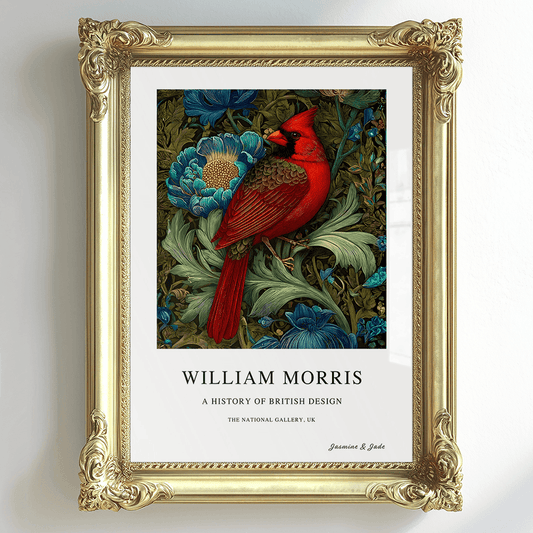 Inspirado en William Morris, firmado - Estampado de cardenal rojo