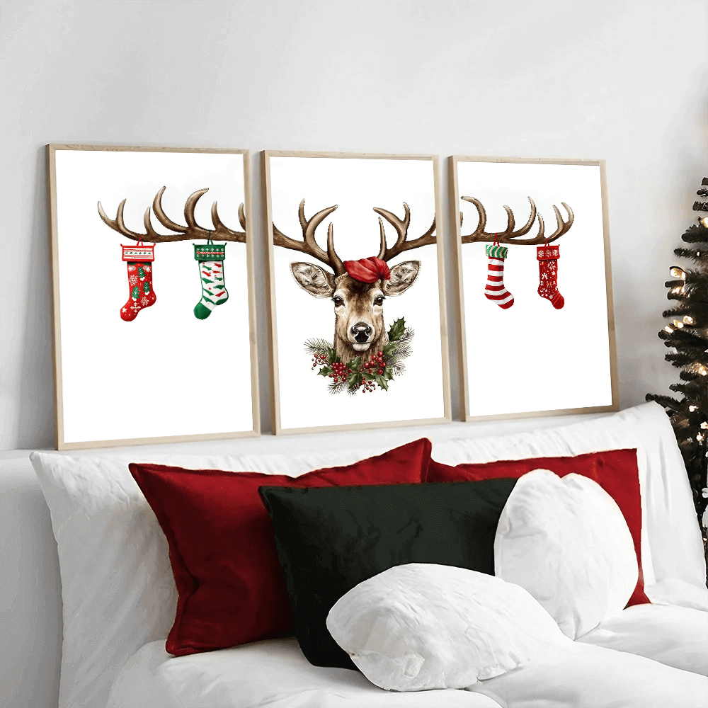 Triptych Christmas Reindeer Print (A)