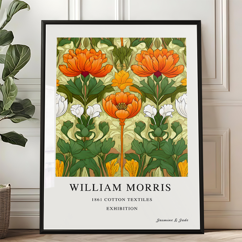William Morris Inspired, Signed - Orange Flower Print