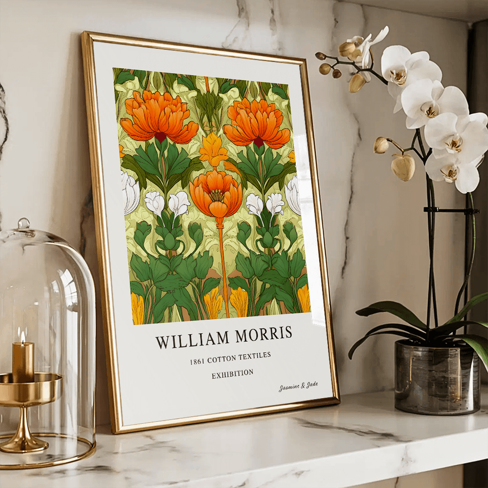 William Morris Inspired, Signed - Orange Flower Print