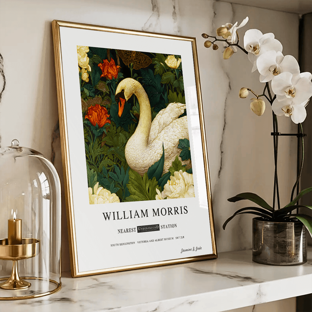 Inspirado en William Morris, firmado - Estampa de Cisne Blanco