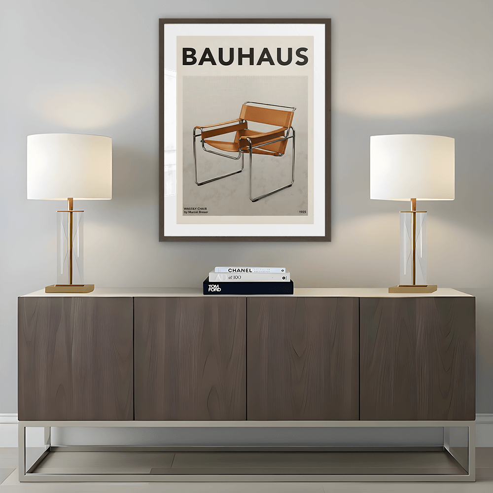 Modern interior with a wooden sideboard, two lamps, and a 'Bauhaus' chair poster.