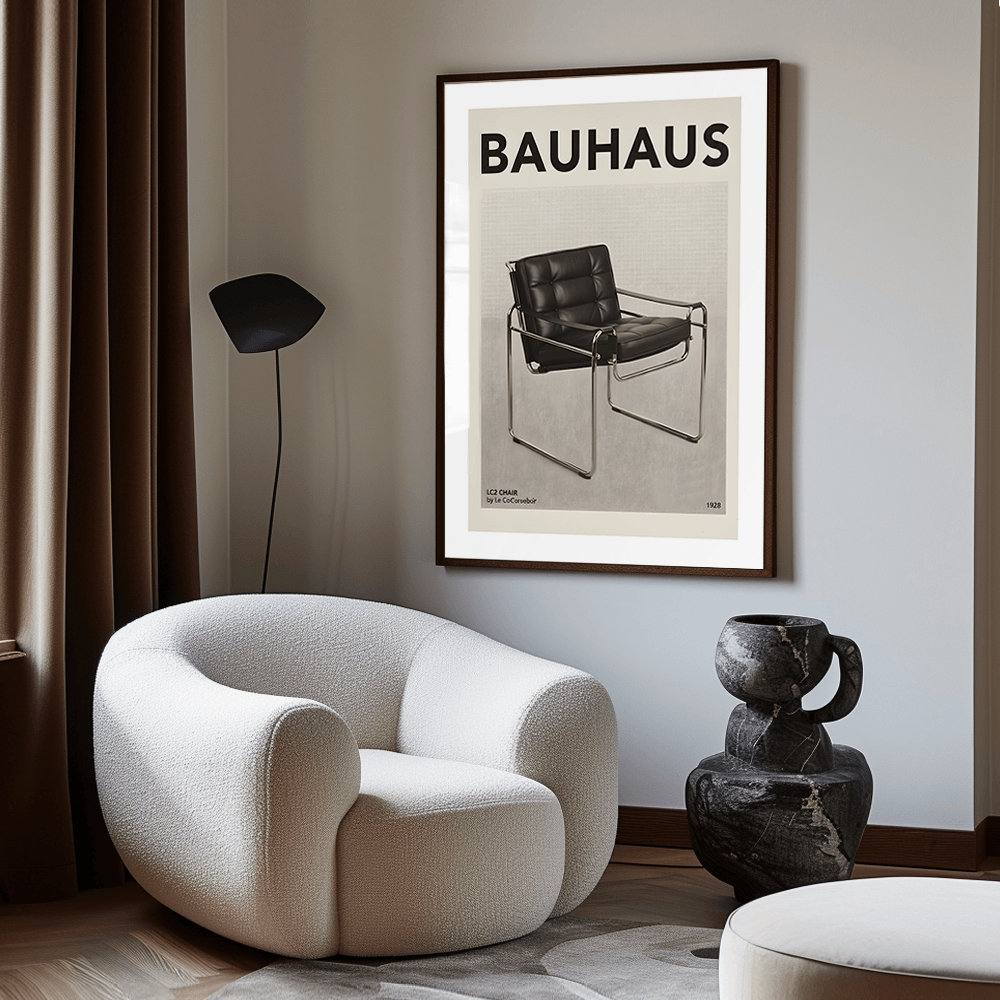 Modern interior with a white armchair, black floor lamp, and 'Bauhaus' poster on the wall.