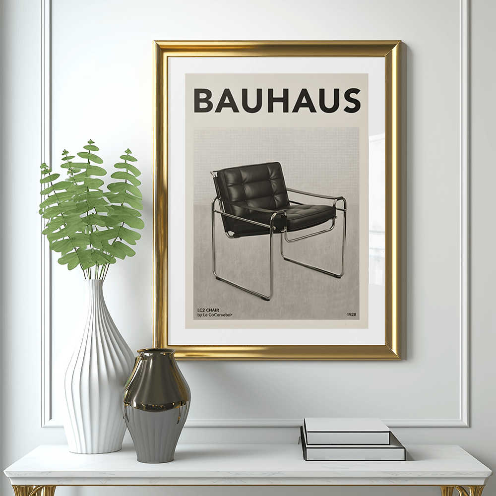 Framed Bauhaus poster with a chair illustration on a white wall above a table with decorative items.